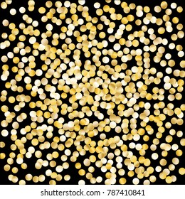 Gold Falling Confetti Isolated on Black Background. Dark Festive Pattern with Sparkles for Christmas and New Year Decoration, Birthday Invitation, Poster or Greeting Card. Vector Gold Confetti.