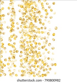 Gold Falling Confetti Isolated on Black Background. Dark Festive Pattern with Sparkles for Christmas and New Year Decoration, Birthday Invitation, Poster or Greeting Card. Vector Gold Confetti.