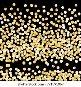 Gold Falling Confetti Isolated on Black Background. Dark Festive Pattern with Sparkles for Christmas and New Year Decoration, Birthday Invitation, Poster or Greeting Card. Vector Gold Confetti.