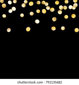 Gold Falling Confetti Isolated on Black Background. Dark Festive Pattern with Tinsels for Christmas and New Year Decoration, Birthday Invitation, Poster or Greeting Card. Vector Gold Confetti.