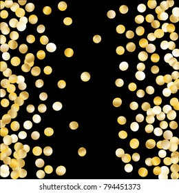 Gold Falling Confetti Isolated on Black Background. Dark Festive Pattern with Sparkles for Christmas and New Year Decoration, Birthday Invitation, Poster or Greeting Card. Vector Gold Confetti.