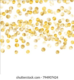 Gold Falling Confetti Isolated on White Background. Light Festive Pattern with Glitter for Christmas and New Year Decoration, Birthday Invitation, Poster or Greeting Card. Vector Gold Confetti.