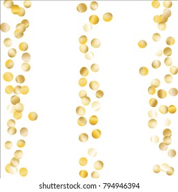 Gold Falling Confetti Isolated on Black Background. Dark Festive Pattern with Sparkles for Christmas and New Year Decoration, Birthday Invitation, Poster or Greeting Card. Vector Gold Confetti.