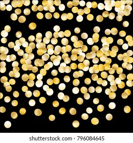 Gold Falling Confetti Isolated on Black Background. Dark Festive Pattern with Tinsels for Christmas and New Year Decoration, Birthday Invitation, Poster or Greeting Card. Vector Gold Confetti.