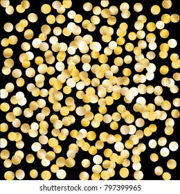 Gold Falling Confetti Isolated on Black Background. Dark Festive Pattern with Sparkles for Christmas and New Year Decoration, Birthday Invitation, Poster or Greeting Card. Vector Gold Confetti.