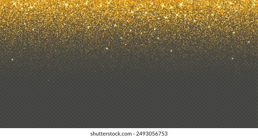 Gold falling glitter, shiny golden confetti with glowing sparkles, shimmer spray effect, festive holiday particles isolated on a dark background. Vector illustration.