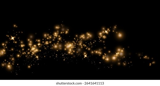 Gold falling glitter, shiny golden confetti with glowing sparkles, shimmer spray effect, festive holiday particles dust isolated on a dark background. Vector illustration.