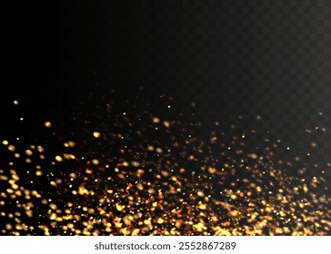 Gold falling particles on black background. Gold glittering confetti. Glowing sparkles, shimmer spray, holiday effect. Vector illustration