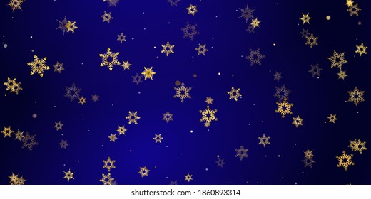 Gold Falling Snowflakes seamless pattern. Illustration with flying snow, frost, snowfall. Winter seamless print for christmas celebration on blue night background. Holiday Vector illustration New Year