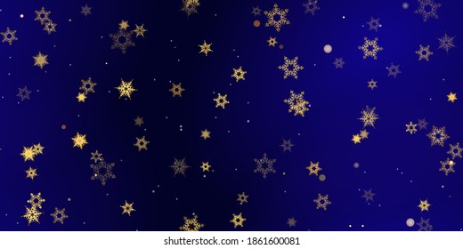 El patrón sin fisuras de los copos de nieve de la caída del oro. Ilustración con nieve voladora, heladas, nevadas. Impresión perfecta de invierno para celebración de navidad en fondo azul de noche. Ilustración de vectores de vacaciones Año nuevo