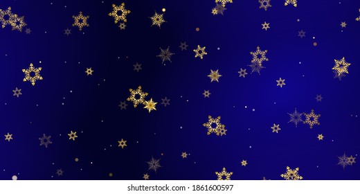 Goldene Schneeflocken sind nahtlose Muster. Illustration mit fliegendem Schnee, Frost, Schneefall. Winternahtloser Druck für Weihnachten auf blauem nächtlichem Hintergrund. Feiertag, Vektorgrafik Neujahr