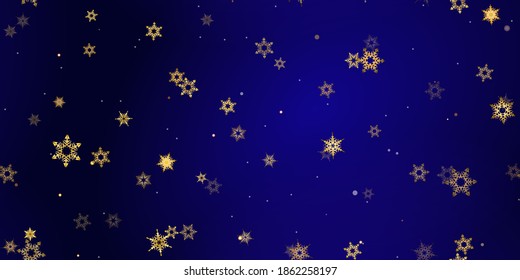 Gold Falling Snowflakes seamless pattern. Illustration with flying snow, frost, snowfall. Winter seamless print for christmas celebration on blue night background. Holiday Vector illustration New Year
