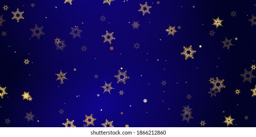 Gold Falling Snowflakes seamless pattern. Illustration with flying snow, frost, snowfall. Winter seamless print for christmas celebration on blue night background. Holiday Vector illustration New Year