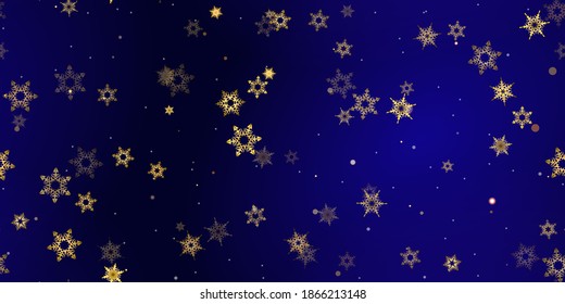 El patrón sin fisuras de los copos de nieve de la caída del oro. Ilustración con nieve voladora, heladas, nevadas. Impresión perfecta de invierno para celebración de navidad en fondo azul de noche. Ilustración de vectores de vacaciones Año nuevo