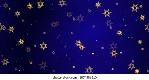Gold Falling Snowflakes seamless pattern. Illustration with flying snow, frost, snowfall. Winter seamless print for christmas celebration on blue night background. Holiday Vector illustration New Year