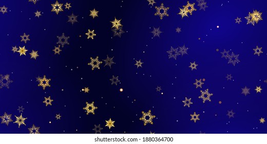 Gold Falling Snowflakes seamless pattern. Illustration with flying snow, frost, snowfall. Winter seamless print for christmas celebration on blue night background. Holiday Vector illustration New Year