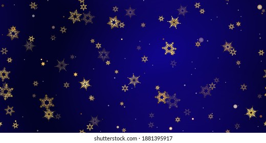 Gold Falling Snowflakes seamless pattern. Illustration with flying snow, frost, snowfall. Winter seamless print for christmas celebration on blue night background. Holiday Vector illustration New Year