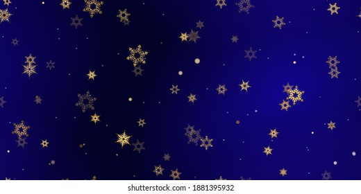 Gold Falling Snowflakes seamless pattern. Illustration with flying snow, frost, snowfall. Winter seamless print for christmas celebration on blue night background. Holiday Vector illustration New Year