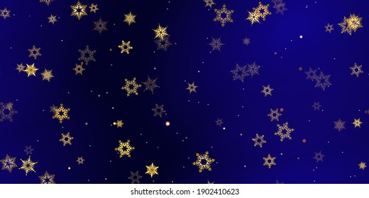 Goldene Schneeflocken sind nahtlose Muster. Illustration mit fliegendem Schnee, Frost, Schneefall. Winternahtloser Druck für Weihnachten auf blauem nächtlichem Hintergrund. Feiertag, Vektorgrafik Neujahr