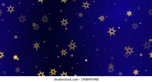 Gold Falling Snowflakes seamless pattern. Illustration with flying snow, frost, snowfall. Winter seamless print for christmas celebration on blue night background. Holiday Vector illustration New Year
