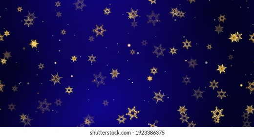 El patrón sin fisuras de los copos de nieve de la caída del oro. Ilustración con nieve voladora, heladas, nevadas. Impresión perfecta de invierno para celebración de navidad en fondo azul de noche. Ilustración de vectores de vacaciones Año nuevo