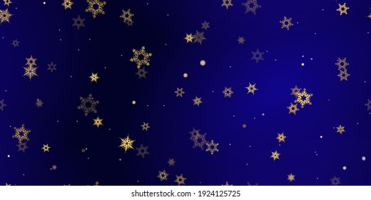 El patrón sin fisuras de los copos de nieve de la caída del oro. Ilustración con nieve voladora, heladas, nevadas. Impresión perfecta de invierno para celebración de navidad en fondo azul de noche. Ilustración de vectores de vacaciones Año nuevo