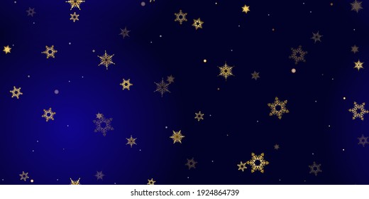 Gold Falling Snowflakes seamless pattern. Illustration with flying snow, frost, snowfall. Winter seamless print for christmas celebration on blue night background. Holiday Vector illustration New Year