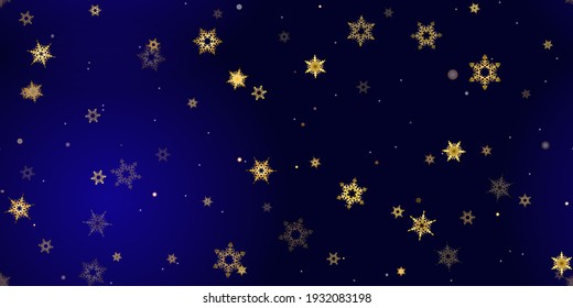 Gold Falling Snowflakes seamless pattern. Illustration with flying snow, frost, snowfall. Winter seamless print for christmas celebration on blue night background. Holiday Vector illustration New Year