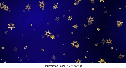 Goldene Schneeflocken sind nahtlose Muster. Illustration mit fliegendem Schnee, Frost, Schneefall. Winternahtloser Druck für Weihnachten auf blauem nächtlichem Hintergrund. Feiertag, Vektorgrafik Neujahr