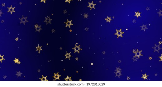 Gold Falling Snowflakes seamless pattern. Illustration with flying snow, frost, snowfall. Winter seamless print for christmas celebration on blue night background. Holiday Vector illustration New Year