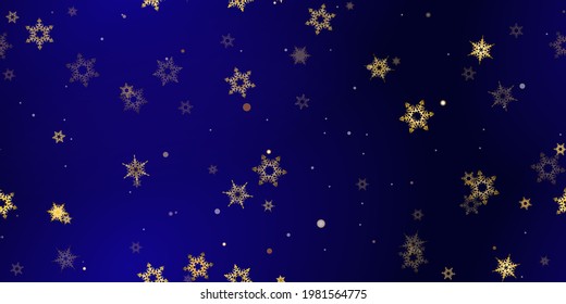 El patrón sin fisuras de los copos de nieve de la caída del oro. Ilustración con nieve voladora, heladas, nevadas. Impresión perfecta de invierno para celebración de navidad en fondo azul de noche. Ilustración de vectores de vacaciones Año nuevo