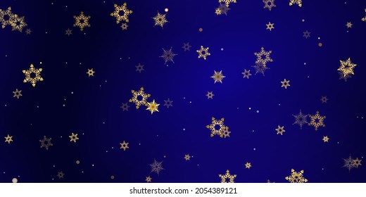 Gold Falling Snowflakes seamless pattern. Illustration with flying snow, frost, snowfall. Winter seamless print for christmas celebration on blue night background. Holiday Vector illustration New Year