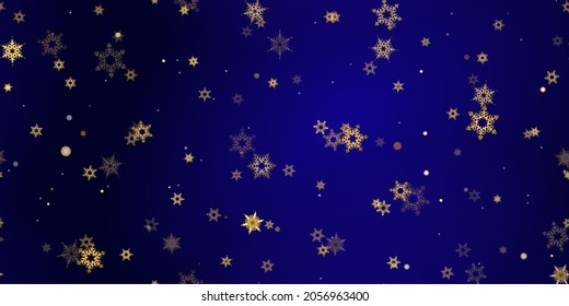 El patrón sin fisuras de los copos de nieve de la caída del oro. Ilustración con nieve voladora, heladas, nevadas. Impresión perfecta de invierno para celebración de navidad en fondo azul de noche. Ilustración de vectores de vacaciones Año nuevo