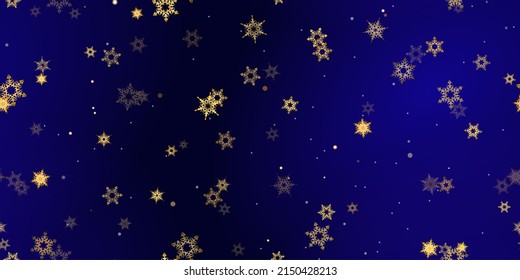 El patrón sin fisuras de los copos de nieve de la caída del oro. Ilustración con nieve voladora, heladas, nevadas. Impresión perfecta de invierno para celebración de navidad en fondo azul de noche. Ilustración de vectores de vacaciones Año nuevo