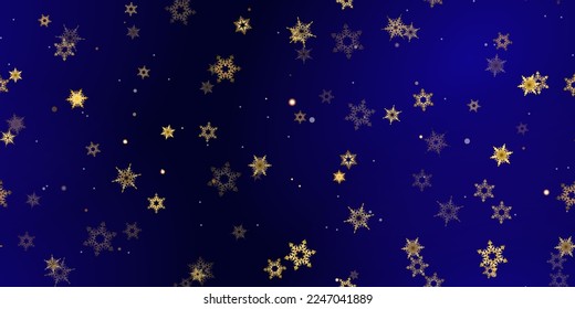 El patrón sin fisuras de los copos de nieve de la caída del oro. Ilustración con nieve voladora, heladas, nevadas. Impresión perfecta de invierno para celebración de navidad en fondo azul de noche. Ilustración de vectores de vacaciones Año nuevo