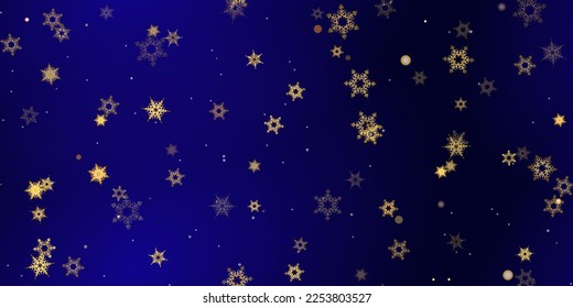 El patrón sin fisuras de los copos de nieve de la caída del oro. Ilustración con nieve voladora, heladas, nevadas. Impresión perfecta de invierno para celebración de navidad en fondo azul de noche. Ilustración de vectores de vacaciones Año nuevo