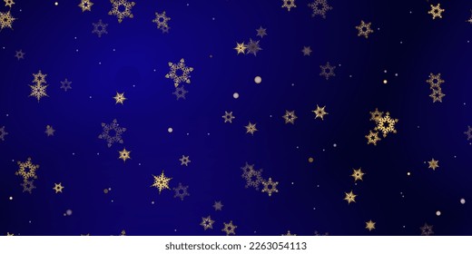 Gold Falling Snowflakes seamless pattern. Illustration with flying snow, frost, snowfall. Winter seamless print for christmas celebration on blue night background. Holiday Vector illustration New Year