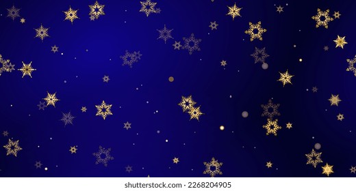 El patrón sin fisuras de los copos de nieve de la caída del oro. Ilustración con nieve voladora, heladas, nevadas. Impresión perfecta de invierno para celebración de navidad en fondo azul de noche. Ilustración de vectores de vacaciones Año nuevo