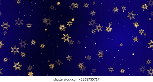 Gold Falling Snowflakes seamless pattern. Illustration with flying snow, frost, snowfall. Winter seamless print for christmas celebration on blue night background. Holiday Vector illustration New Year