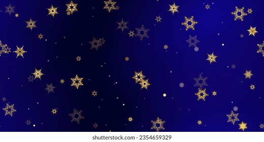 Gold Falling Snowflakes seamless pattern. Illustration with flying snow, frost, snowfall. Winter seamless print for christmas celebration on blue night background. Holiday Vector illustration New Year