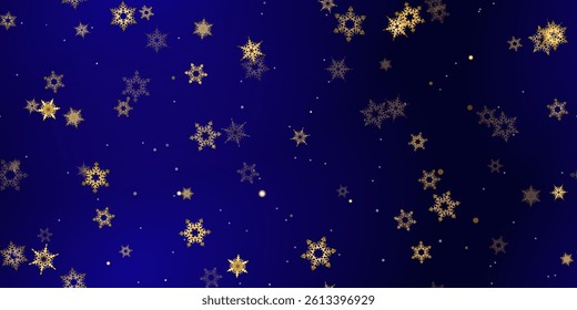 Gold Falling Snowflakes seamless pattern. Illustration with flying snow, frost, snowfall. Winter seamless print for christmas celebration on blue night background. Holiday Vector illustration New Year
