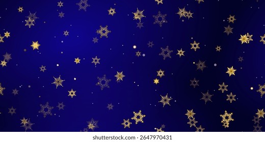 Patrón sin fisuras Gold Falling Snowflakes. Ilustración con nieve voladora, helada, nevada. Impresión inconsútil del invierno para la celebración de la Navidad en el fondo azul de la noche. Ilustración vectorial de Festiva Año Nuevo
