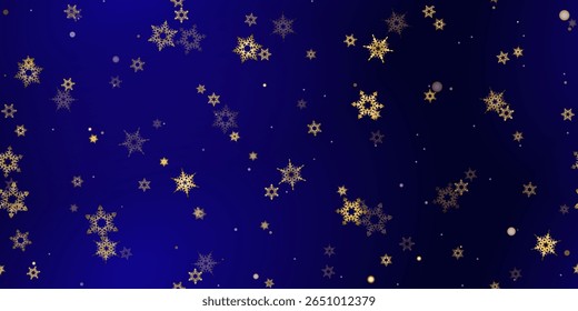 Gold Falling Snowflakes padrão perfeito. Ilustração com neve voadora, geada, queda de neve. Impressão sem emenda de inverno para a celebração de Natal no fundo azul da noite. Ilustração de Holiday Vetor Ano Novo