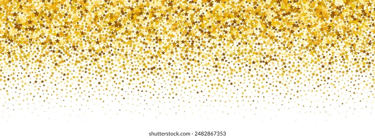 Gold falling star confetti background. Repeated golden sparkle glitter pattern. Yellow and orange stars gradient wallpaper. Celebration Christmas, New Year or birthday party backdrop. Vector 