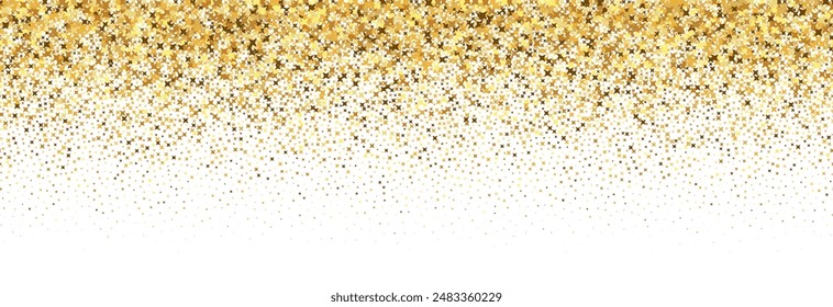 Gold falling star confetti background. Repeated golden sparkle glitter pattern. Yellow and orange sparks gradient wallpaper. Celebration Christmas, New Year or birthday party backdrop. Vector 