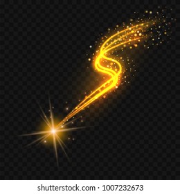 Gold Falling star with glittering trail. Abstract golden lines on black background. Vector eps10 illustration.