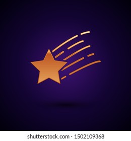Gold Falling star icon isolated on dark blue background. Shooting star with star trail. Meteoroid, meteorite, comet, asteroid, star icon.  Vector Illustration