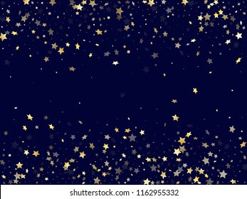 Gold falling star sparkle elements of glitter gradient vector background. Glittering confetti gold stars falling glitter gradient sparkles on dark blue. Party starburst fireworks pattern.