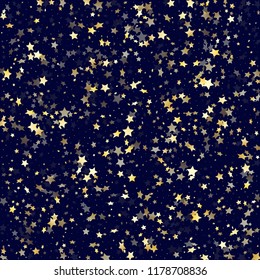 Gold falling star sparkle elements of glitter gradient vector background. Glittering confetti gold stars falling glitter gradient sparkles on dark blue. Christmas starburst lights poster pattern.