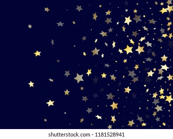 Gold falling star sparkle elements of glitter gradient vector background. Festive confetti gold stars falling glitter gradient sparkles on dark blue. New Year starburst scatter backdrop.